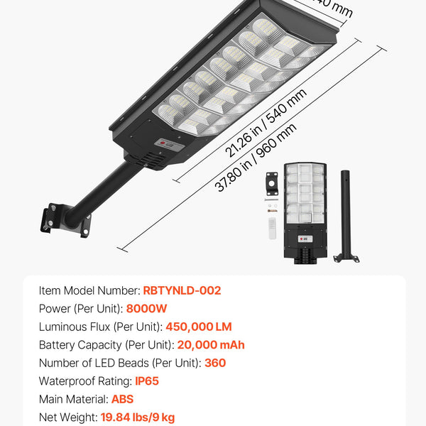 8000W Solar Street Lights Outdoor, 450000LM, Commercial Parking Lot Lights Dusk To Dawn, LED Flood Security Lamp With Motion Sensor, IP65 Waterproof Outdoor Lighting, For Driveway Yard, 3 Pack