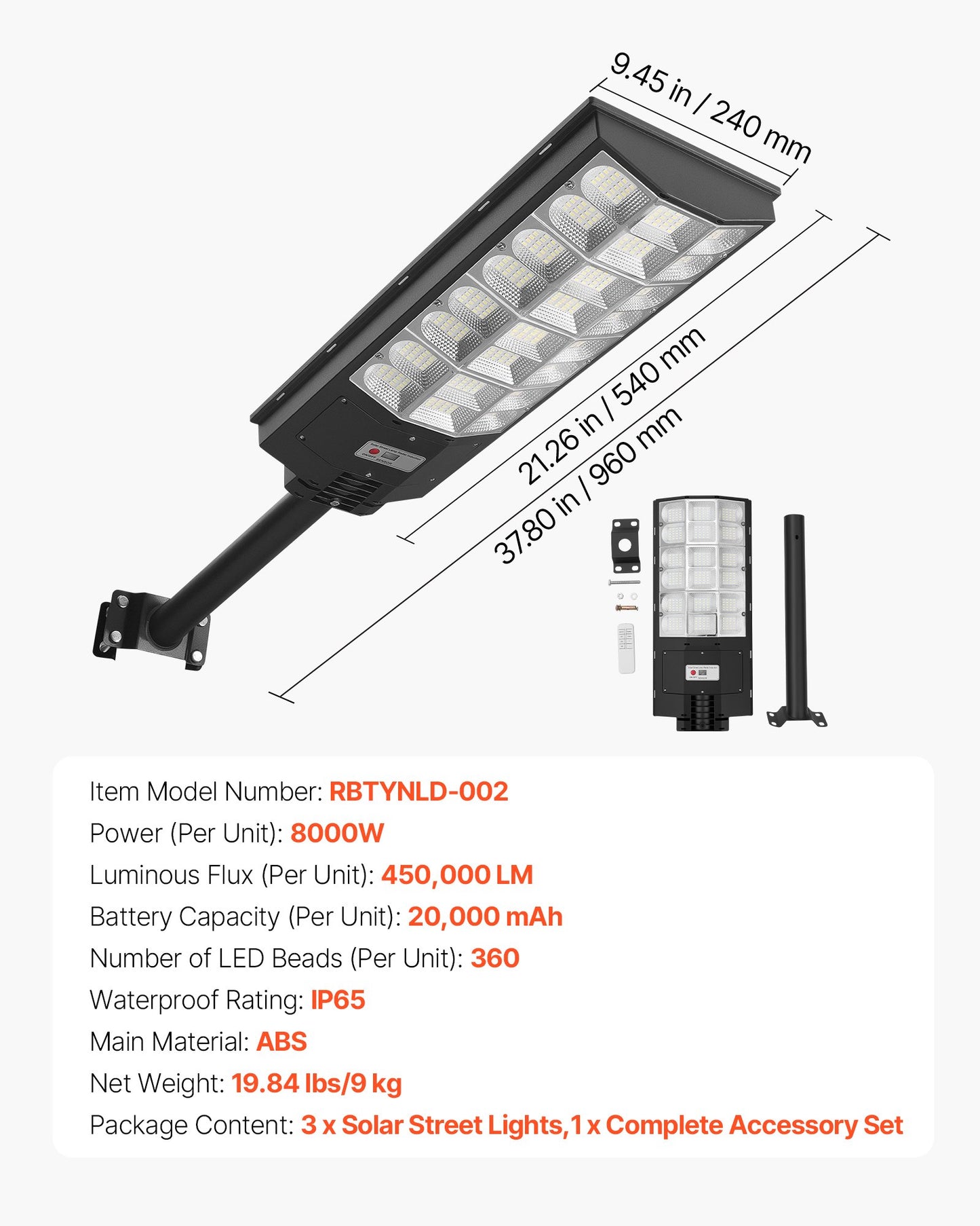 8000W Solar Street Lights Outdoor, 450000LM, Commercial Parking Lot Lights Dusk To Dawn, LED Flood Security Lamp With Motion Sensor, IP65 Waterproof Outdoor Lighting, For Driveway Yard, 3 Pack